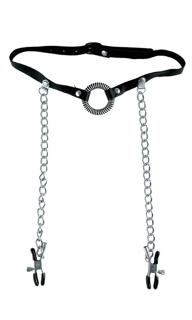 Кляп-расширитель для рта с зажимами на соски O-ring Gag With Nipple Clamps