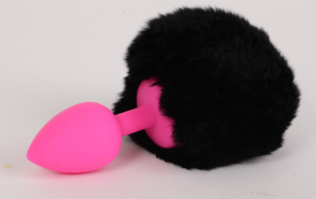 Розовая силиконовая пробка с черным хвостом Задорный кролик